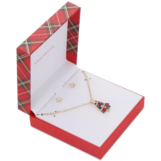 Deals 😀 Charter Club Gold-Tone Multicolor Crystal & Imitation Pearl Tree Pendant Necklace & Star Stud Earrings Set, Created For Macy's 🎁 - Image 3
