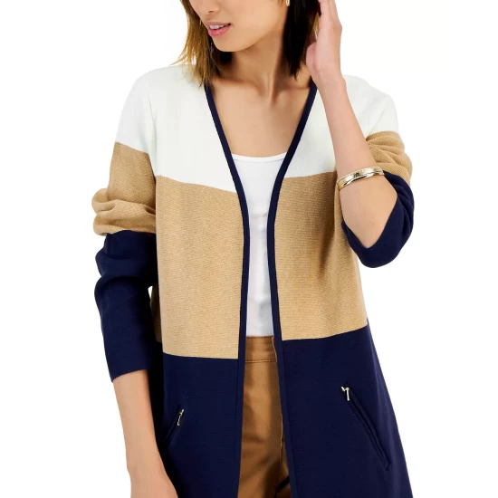Hot Sale 🔥 Charter Club 👩 Women's Cotton Colorblocked Long Cardigan, Created For Macy's Cloud Combo 🛒 - Image 2