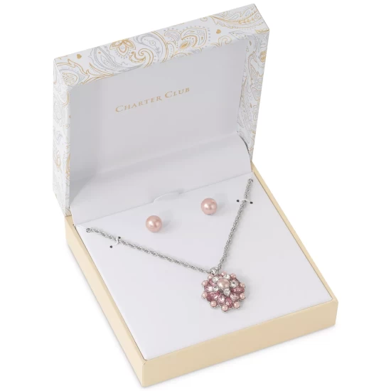 Outlet ๐ฏ Charter Club Silver-Tone Crystal & Imitation Pearl Cluster Pendant Necklace & Stud Earrings Set, Created For Macy's ๐งจ - Image 4