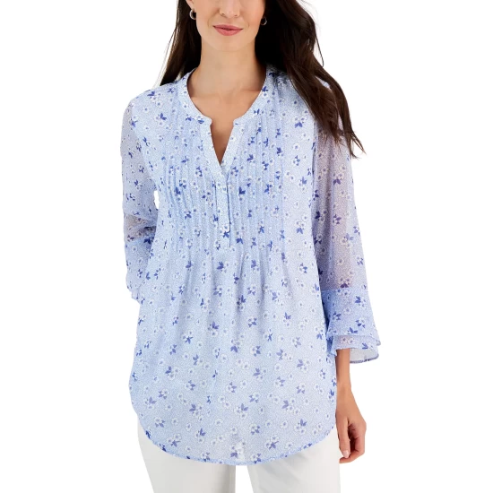 Cheap 💯 Charter Club 👩 Women's Floral-Print Pintuck Top, Created For Macy's Cerulean Sky Combo 🔥 - Image 2