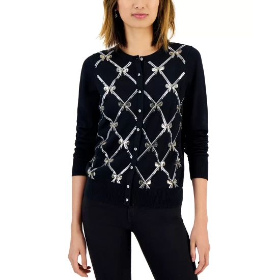 New ⌛ Charter Club Petite Sequin-Bow-Embellished Cardigan, Created For Macy's Deep Black ⭐ - Image 4
