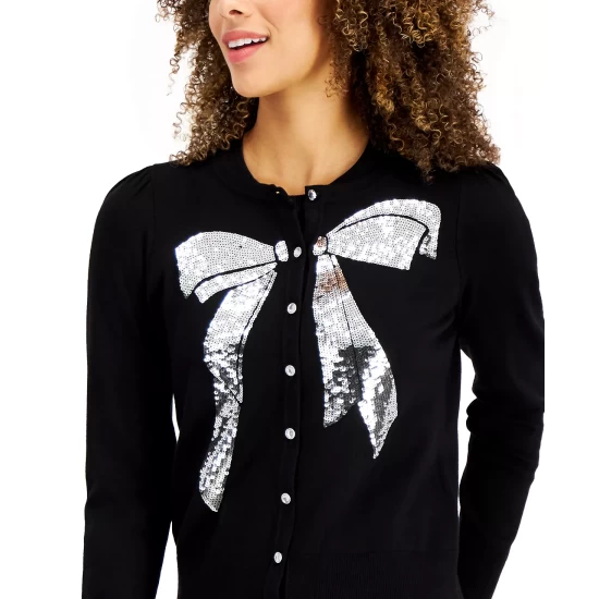 Discount ✔️ Charter Club Sequined-Bow Button Cardigan, Created For Macy's Deep Black ✔️