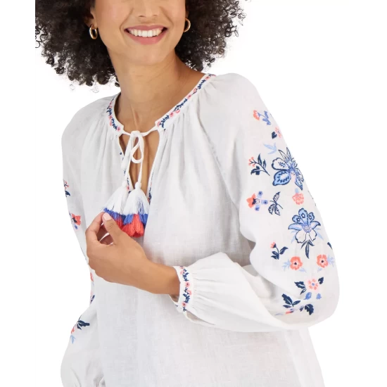 Outlet ⭐ Charter Club Linen Split-Neck Tie-Cuff Top, Created For Macy's Flax 🎉 - Image 6