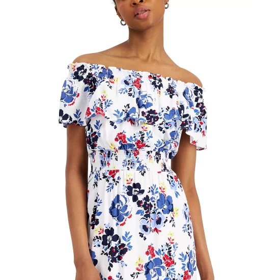 Hot Sale ❤️ Charter Club Petite Floral-Print Off-The-Shoulder 👗 Dress, Created For Macy's Red Barn Combo 🔥 - Image 5