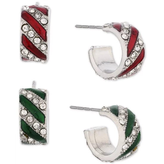Best deal 🔥 Charter Club Silver-Tone 2-Pc. Set Small Pavé Red & Green 🍬 Candy Striped Huggie Hoop Earrings, 0.5, Created For Macy's Multi 😉 - Image 2