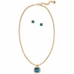 Budget ⌛ Charter Club Gold-Tone Pavé & Color Stone Pendant Necklace & Stud Earrings Set, Created For Macy's Blue ✔️
