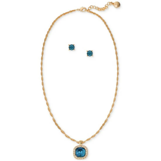 Budget ⌛ Charter Club Gold-Tone Pavé & Color Stone Pendant Necklace & Stud Earrings Set, Created For Macy's Blue ✔️