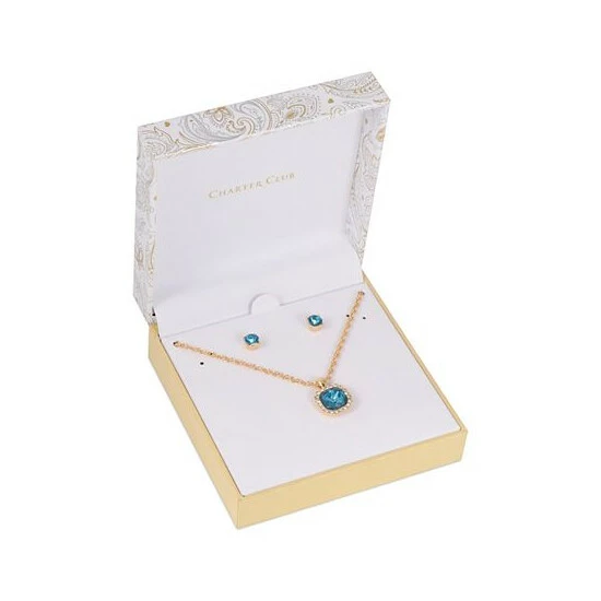 Budget ⌛ Charter Club Gold-Tone Pavé & Color Stone Pendant Necklace & Stud Earrings Set, Created For Macy's Blue ✔️ - Image 3