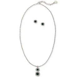 Flash Sale 🧨 Charter Club Silver-Tone Crystal Halo Pendant Necklace & Stud Earrings Set, Created For Macy's Green 😍