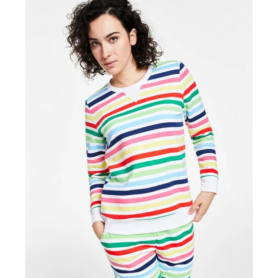 Hot Sale 😍 Charter Club 👩 Women's Printed Stripe Matching Crewneck Top, Created For Macy's White Multi Stripe 👏