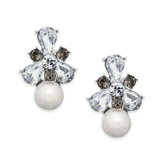 Hot Sale 💯 Charter Club Silver-Tone Crystal & Imitation Pearl Drop Earrings, Created For Macy's 💯