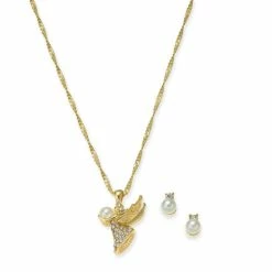 New ⭐ Charter Club Gold-Tone Crystal & Imitation Pearl Angel Pendant Necklace & Stud Earrings Boxed Set, 17 + 2 Extender, Created For Macy's ⭐