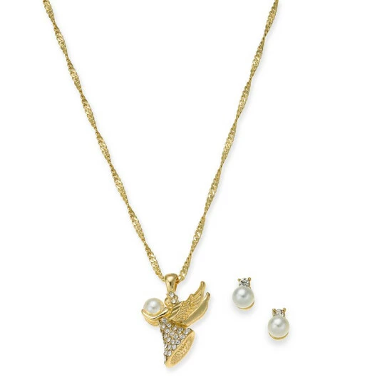 New ⭐ Charter Club Gold-Tone Crystal & Imitation Pearl Angel Pendant Necklace & Stud Earrings Boxed Set, 17 + 2 Extender, Created For Macy's ⭐