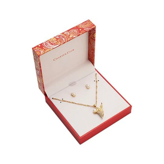 New ⭐ Charter Club Gold-Tone Crystal & Imitation Pearl Angel Pendant Necklace & Stud Earrings Boxed Set, 17 + 2 Extender, Created For Macy's ⭐ - Image 3