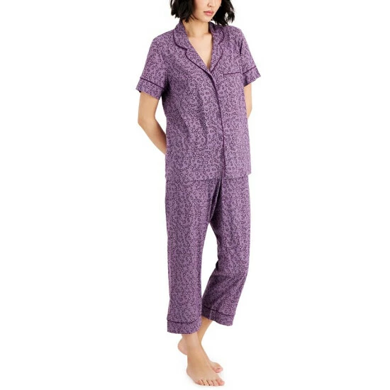 Discount ๐ Charter Club ๐ฉ Women's Notch-Collar & Cropped Pajama Pants Set Pink Sachet Floral โค๏ธ