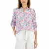 Outlet 🎁 Charter Club 👩 Women's Linen Floral-Print 👚 Shirt, Created For Macy's Bright White Combo 💯
