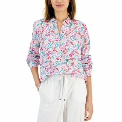 Outlet 🎁 Charter Club 👩 Women's Linen Floral-Print 👚 Shirt, Created For Macy's Bright White Combo 💯