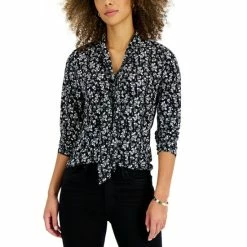 Outlet ๐ Charter Club Petite Printed Tie-Neck Top, Created For Macy's Deep Black Combo ๐