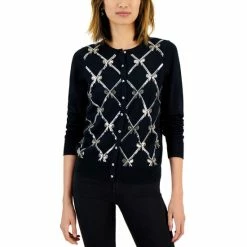 New ⌛ Charter Club Petite Sequin-Bow-Embellished Cardigan, Created For Macy's Deep Black ⭐