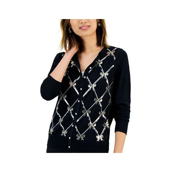 New ⌛ Charter Club Petite Sequin-Bow-Embellished Cardigan, Created For Macy's Deep Black ⭐ - Image 3
