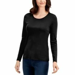 Hot Sale 🛒 Charter Club Petite Solid Long-Sleeve Crewneck Top, Created For Macy's Bright White 🤩