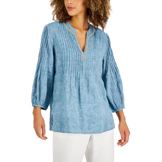 Budget 🛒 Charter Club 👩 Women's Puff-Sleeve Linen Tunic, Created For Macy's Pink Tutu 🥰 - Image 6