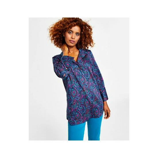 Flash Sale 🎉 Charter Club 👩 Women's Button-Up Tunic, Created For Macy's Intrepid Blue Combo 😉 - Image 3