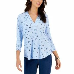 Coupon ❤️ Charter Club Petite Printed 3/4-Sleeve Blouse, Created For Macy's Blue Nouveau Combo 🌟