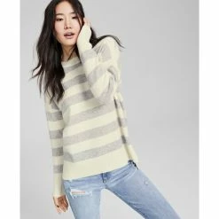 Cheapest 😀 Charter Club 👩 Women's 100% Cashmere Striped Sweater, Created For Macy's Cc Ice Grey Hth 🔔