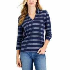 Discount 👍 Charter Club Petite Long Sleeve Merry Stripe Johnny Collar Pullover, Created For Macy's Intrepid Blue Combo 😉