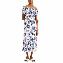 Hot Sale ❤️ Charter Club Petite Floral-Print Off-The-Shoulder 👗 Dress, Created For Macy's Red Barn Combo 🔥