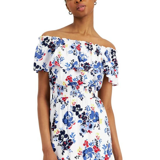 Hot Sale ❤️ Charter Club Petite Floral-Print Off-The-Shoulder 👗 Dress, Created For Macy's Red Barn Combo 🔥 - Image 4