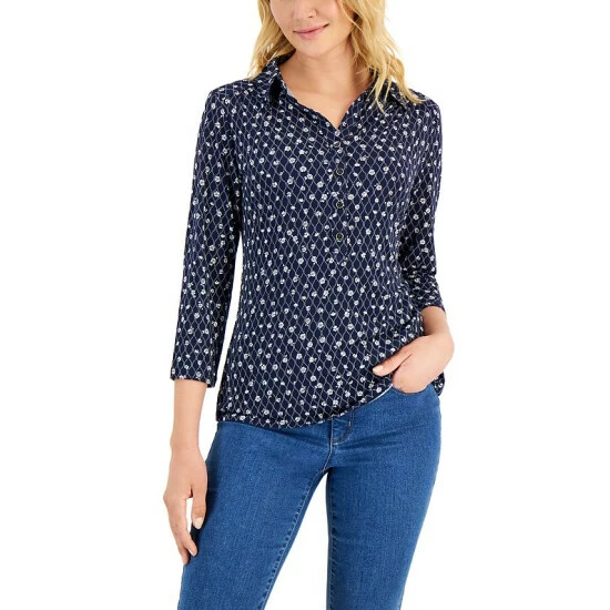 Discount 😍 Charter Club 👩 Women's Printed Polo, Created For Macy's Intrepid Blue Combo 🎁