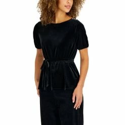 Hot Sale 🎉 Charter Club Petite Velvet Button-Shoulder Tie-Waist Top, Created For Macy's Deep Black 😍