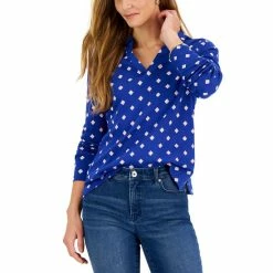 Cheapest 🎁 Charter Club 👩 Women's Geo-Print Johnny-Collar Top, Created For Macy's Tuscon Coral Combo 👍