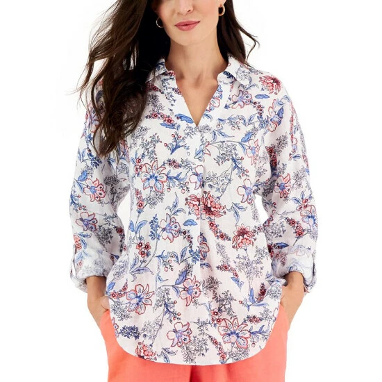 Brand new ๐ Charter Club Petite Floral Linen Roll-Tab-Sleeve Pullover ๐ Shirt, Created For Macy's Bright White Combo ๐งจ