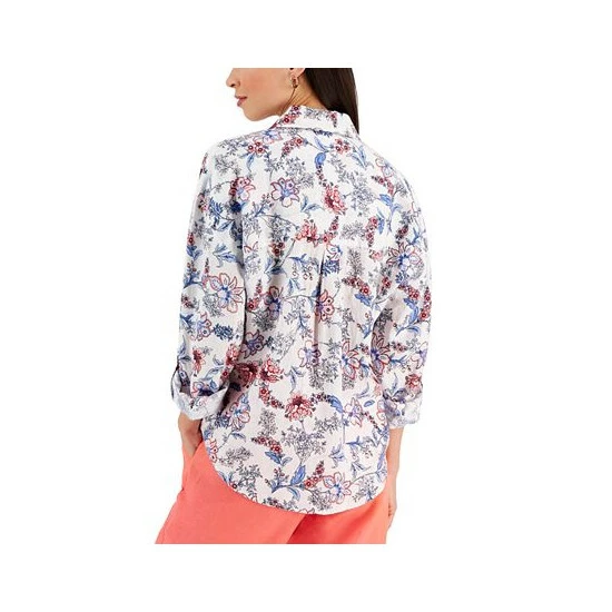 Brand new ๐ Charter Club Petite Floral Linen Roll-Tab-Sleeve Pullover ๐ Shirt, Created For Macy's Bright White Combo ๐งจ - Image 2