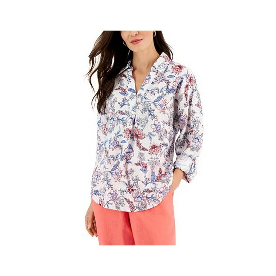 Brand new ๐ Charter Club Petite Floral Linen Roll-Tab-Sleeve Pullover ๐ Shirt, Created For Macy's Bright White Combo ๐งจ - Image 3