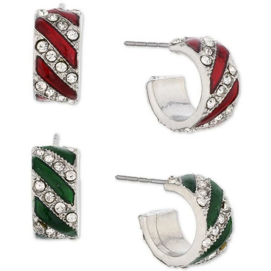 Best deal 🔥 Charter Club Silver-Tone 2-Pc. Set Small Pavé Red & Green 🍬 Candy Striped Huggie Hoop Earrings, 0.5, Created For Macy's Multi 😉