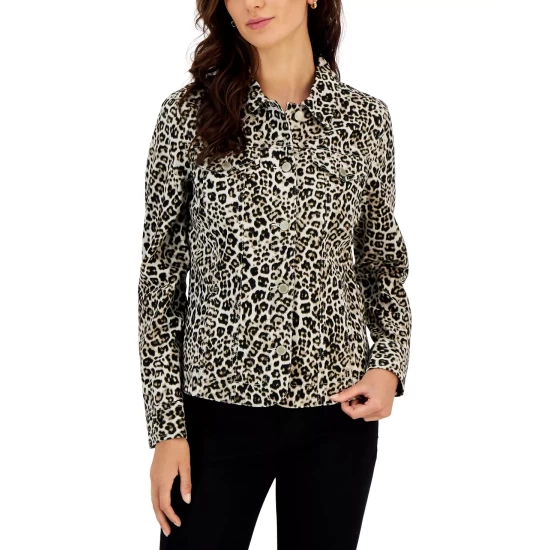 Wholesale 👍 Charter Club Leopard-Print Denim Jacket, Created For Macy's Creme Stone ✔️ - Image 4