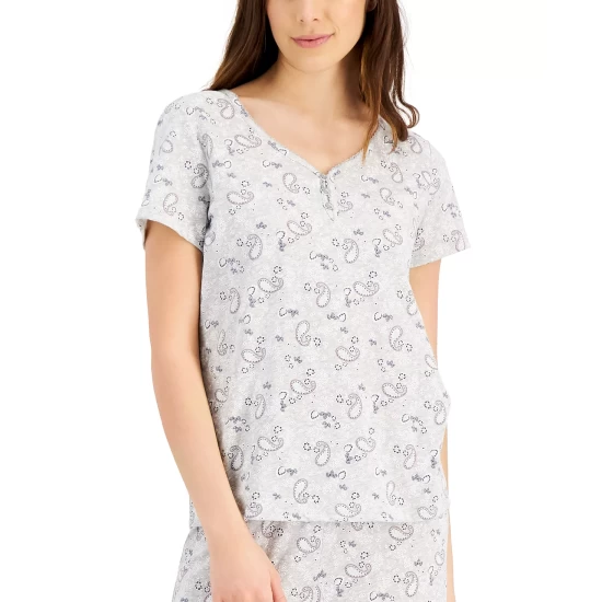 Budget 🔥 Charter Club 👩 Women's Short Sleeve Cotton Essentials Printed Pajama Set, Created For Macy's Sachet Leaves 🛒 - Image 8