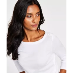 New 💯 Charter Club 👩 Women's Cotton Johnny Collar T-Shirt, Created For Macy's Intrepid Blue 🥰