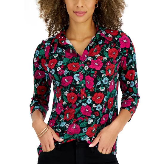 Outlet 🎁 Charter Club 👩 Women's 3/4-Sleeve Floral Print Top, Created For Macy's Deep Black Combo 👏 - Image 4