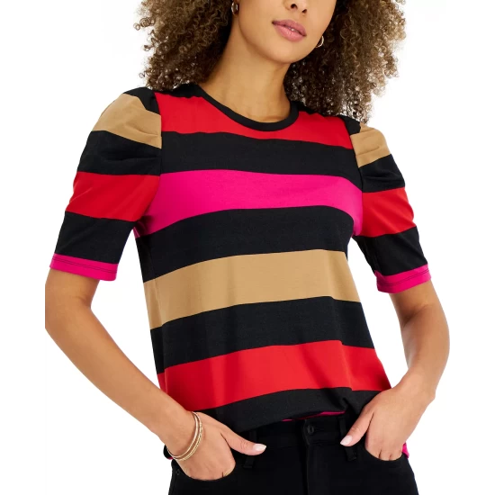 Budget 🤩 Charter Club 👩 Women's Striped Puff-Sleeve Top, Created For Macy's Salty Nut Combo 💯 - Image 4