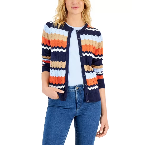 Cheapest 🎉 Charter Club 👩 Women's Chevron Stripe Cardigan, Created For Macy's Electric Teal Combo ⌛ - Image 3