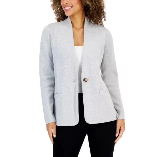 Best Pirce 😀 Charter Club Petite Single-Button Long Sleeve Blazer Grey Slate Heather 💯 - Image 2
