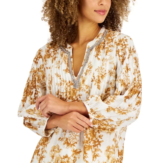 Cheap ❤️ Charter Club 👩 Women's Floral-Print Linen Tunic, Created For Macy's Bright White 💯 - Image 4