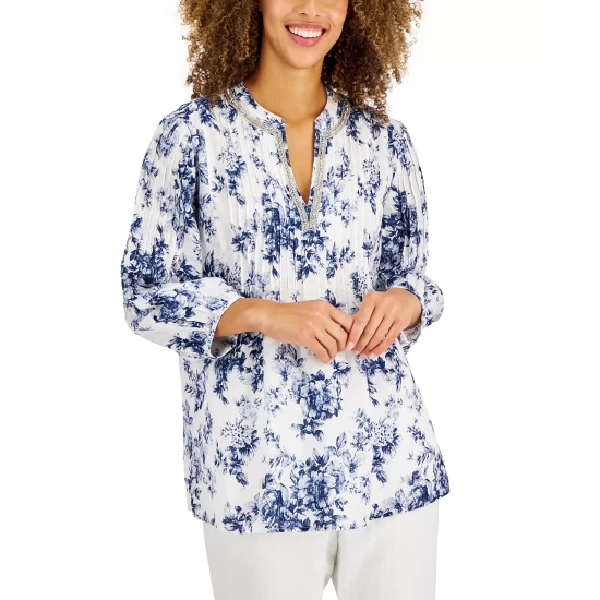 Cheap ❤️ Charter Club 👩 Women's Floral-Print Linen Tunic, Created For Macy's Bright White 💯 - Image 5