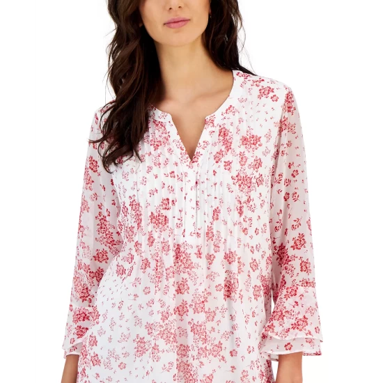 Outlet 🔥 Charter Club Printed Pintuck Ruffled-Sleeve Top, Created For Macy's Cloud Combo 👍 - Image 2