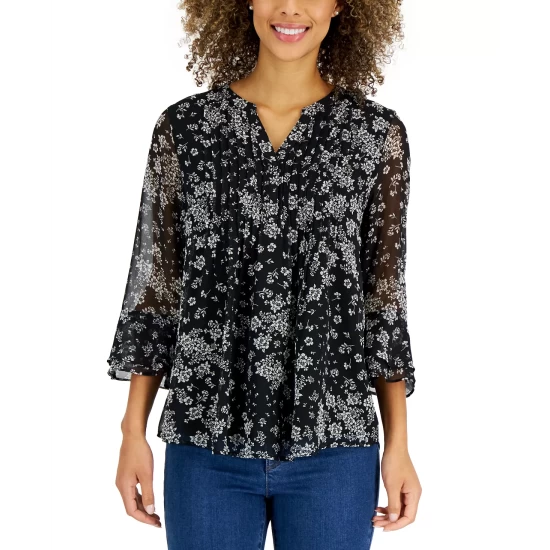 Outlet 🔥 Charter Club Printed Pintuck Ruffled-Sleeve Top, Created For Macy's Cloud Combo 👍 - Image 3
